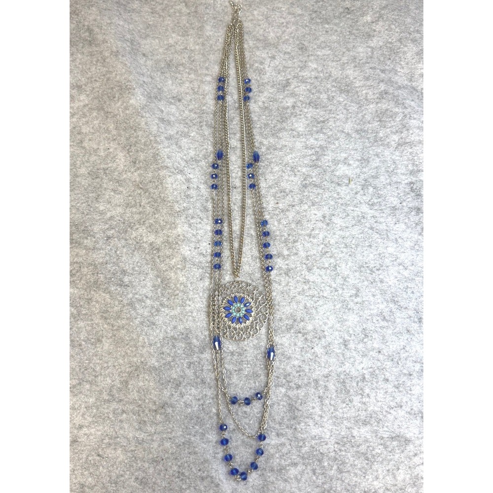 Boho Silver Tone Multi Strand Layered Necklace Blue Beads Floral Medallion